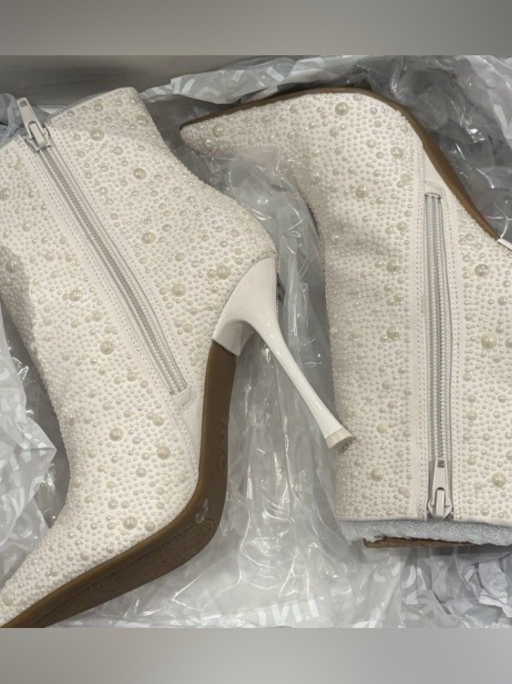 Pearl-Embellished Ivory Ankle Boots - Women's Fashion Booties